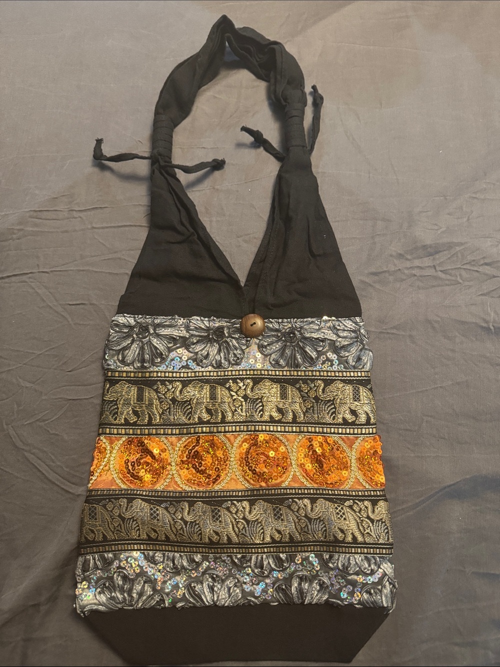 Embellished Hippie Boho Elephant Sequin Crossbody Bag - Black with Gold & Orange